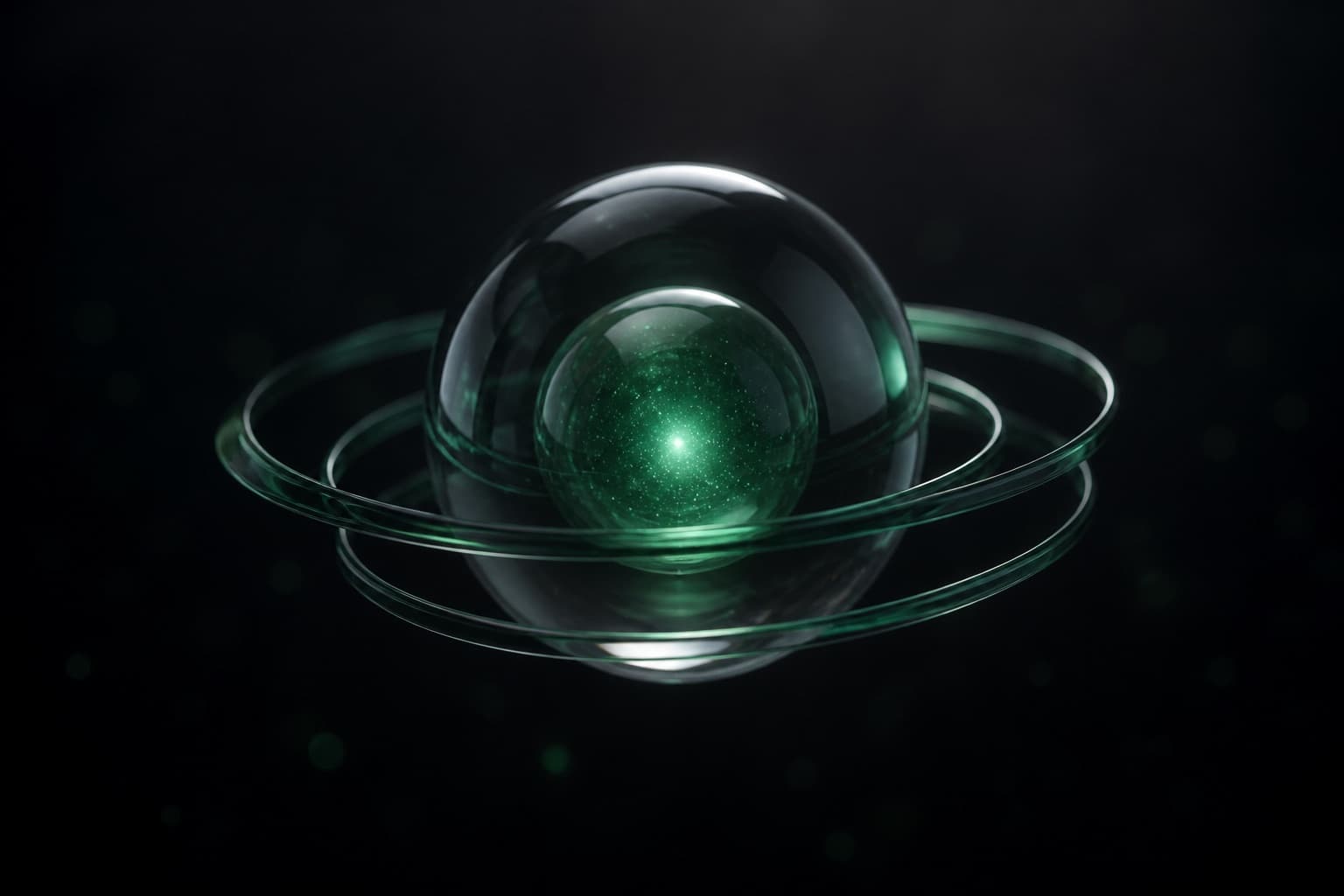 Render abstrato de uma esfera de vidro protegida por anéis — governança de dados