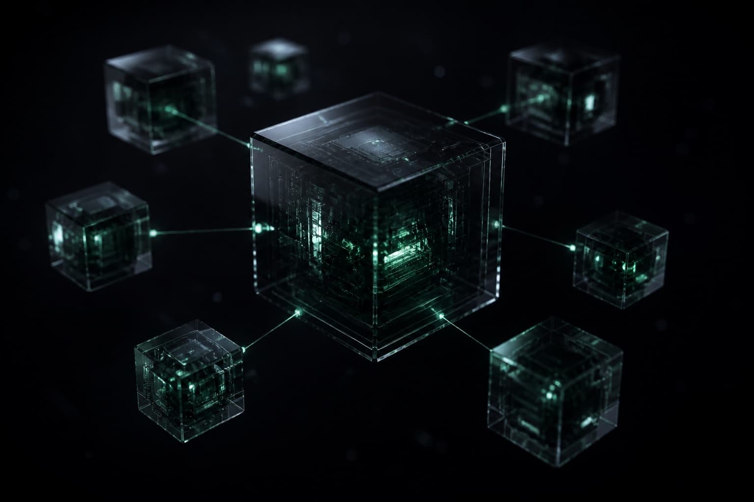 Render abstrato do kernel do sistema operacional de IA, com módulos orbitando um núcleo de vidro